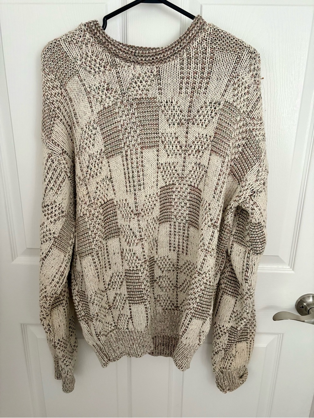 Cotton Textured Crewneck Sweater in Cream and Brown